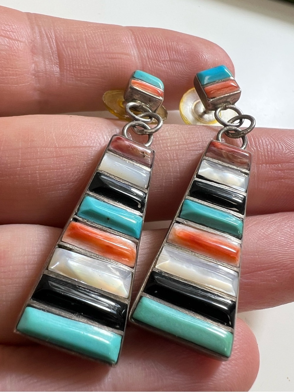 Native American multi-stone inlay dangle earrings likely Zuni or Kewa